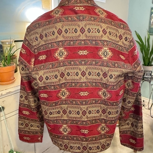 Vintage Tapestry Jacket Krista Koeppe M Cotton Red Gold Button Front Grannycore - Picture 3 of 7